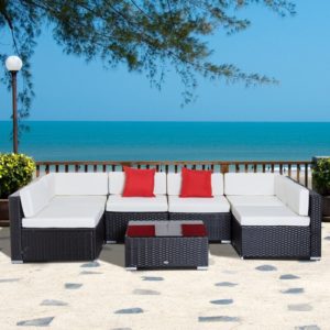 Image of sale on Merton 7 Piece Rattan Sectional Seating Group with Cushions
