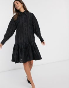 Image of sale on & Other Stories textured jacquard button up smock dress in black