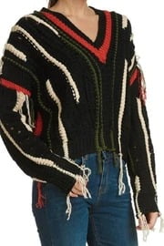 Image of sale on BLACK V-NECK SWEATER WITH MULTI-COLORED FRINGE 