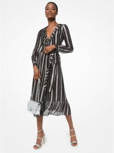 Image of sale on Metallic Jacquard Ruffled Wrap Dress