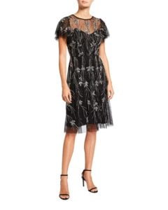 Image of sale on Beaded Tulle Flutter-Sleeve Illusion Dress