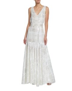 Image of sale on Check Sequin V-Neck Drop Waist Gown