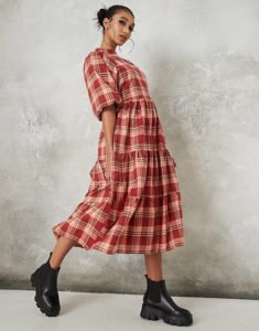 Image of sale on puff sleeve midi smock dress in red check