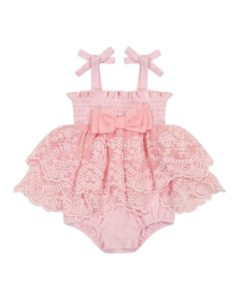 Image of sale on Girl’s Tiered Embroidered Lace Smocked Romper, Size 3-9M