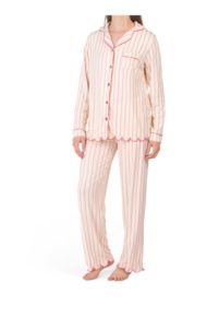 Image of sale on 2pc Striped Scalloped Trim Notch Collar Top & Pants Pj Set