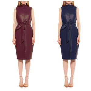 Image of sale on Fara Faux Leather Front Slit Belted Sheath Dress