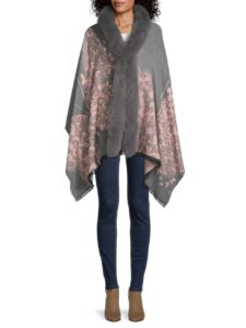 Image of sale on Butterfly-Print & Fox Fur-Trim Wrap