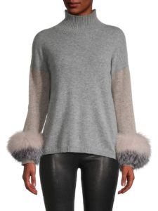 Image of sale on Colorblock Cashmere & Fox Fur-Cuff Sweater