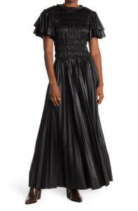 Image of sale on Flutter Sleeve Smocked Vegan Faux Leather Maxi Dress
