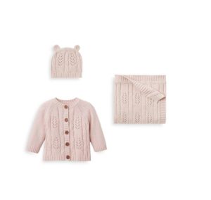 Image of sale on Girls’ Leaf Knit Hat, Blanket & Cardigan Set – 6m