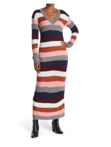 Image of sale on Striped V-Neck Long Sleeve Maxi Sweater Dress