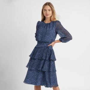 Image of sale on PRINTED CHIFFON RUFFLE MIDI DRESS