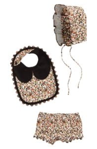 Image of sale on Print Scallop Trim Bonnet, Bib & Bloomers Set