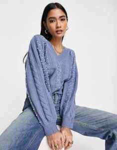 Image of sale on V-Neck Sweater With Pearl Detail