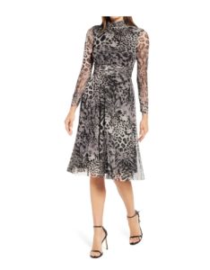 Image of sale on Animal Print Long Sleeve Mesh Midi Dress