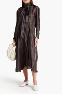 Image of sale on Pussy-bow tiered crinkled-satin midi dress