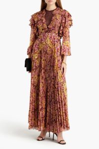 Image of sale on Ruffled pleated floral-print silk crepe de chine maxi dress