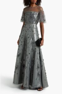 Image of sale on Floral-appliquéd tulle and metallic jacquard gown