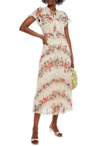 Image of sale on Pussy-bow pleated floral-print georgette midi dress