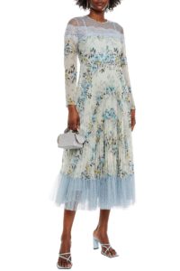 Image of sale on Pleated floral-print georgette, lace and point d’esprit midi dress
