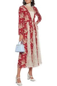 Image of sale on Chantilly lace-paneled floral-print silk crepe de chine midi dress (Discount applied in bag)