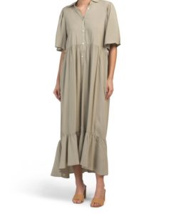 Image of sale on Puff Elbow Sleeve Tiered Midi Shirt Dress