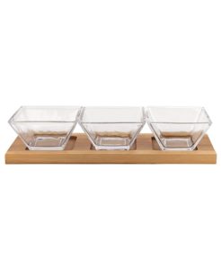 Image of sale on Set 4 Piece with 3 Glass Condiment or Dip Bowls on A Wood Tray