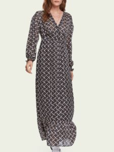 Image of sale on Sheer printed long sleeve V-neck maxi dress