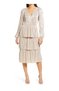 Image of sale on Metallic Long Sleeve Tiered Midi Dress