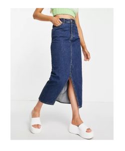 Image of sale on cotton denim midi skirt in blue