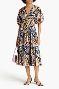 Image of sale on Gathered floral-print satin-twill midi dress
