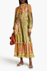 Image of sale on Ruffle-trimmed printed silk-seersucker midi dress