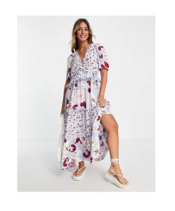 Image of sale on tiered ruffle midi dress in floral