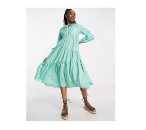 Image of sale on tiered midi dress in light green