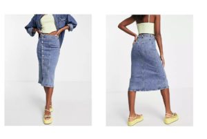 Image of sale on button side denim midi skirt in mid blue