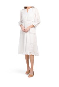 Image of sale on Three-quarter Sleeve Embroidered Tiered Dress