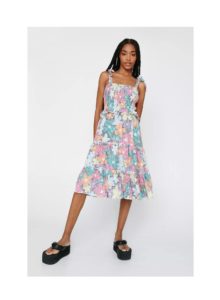Image of sale on Floral Print Shirred Strappy Midi Dress