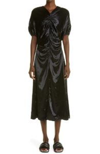 Image of sale on Puff Sleeve Ruched Satin Midi Dress
