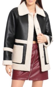 Image of sale on Faux Leather Snap Coat with Faux Shearling Trim