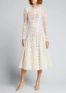 Image of sale on Megan Long-Sleeve Lace Overlay Midi Godet Dress