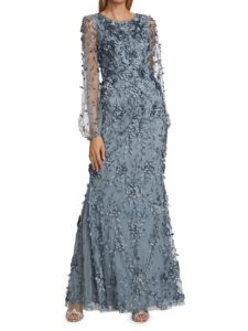 Image of sale on Floral Appliqué Illusion Sleeve Gown