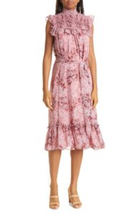 Image of sale on Gio Floral Print Smocked Ruffle Chiffon Midi Dress