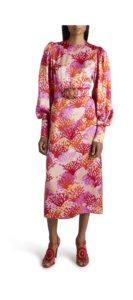 Image of sale on Coral-Print Puff-Sleeve Belted Silk Midi Dress