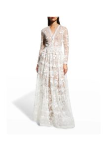 Image of sale on Poppy Long-Sleeve Embroidered Mesh Gown