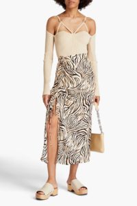 Image of sale on Lia ruched zebra-print satin midi skirt