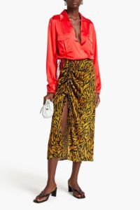 Image of sale on Lia ruched printed silk-satin midi skirt