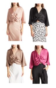 Image of sale on Plunge Neck Long Sleeve Twisted Knot Satin Top