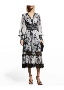 Image of sale on Pleated Floral Chiffon & Lace Midi Dress