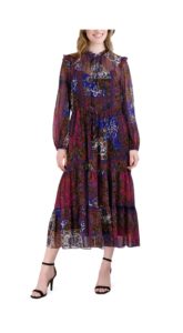 Image of sale on Floral Print Long Sleeve Drawstring Waist Midi Dress
