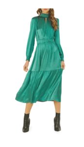 Image of sale on Smocked Long Sleeve Satin Midi Dress